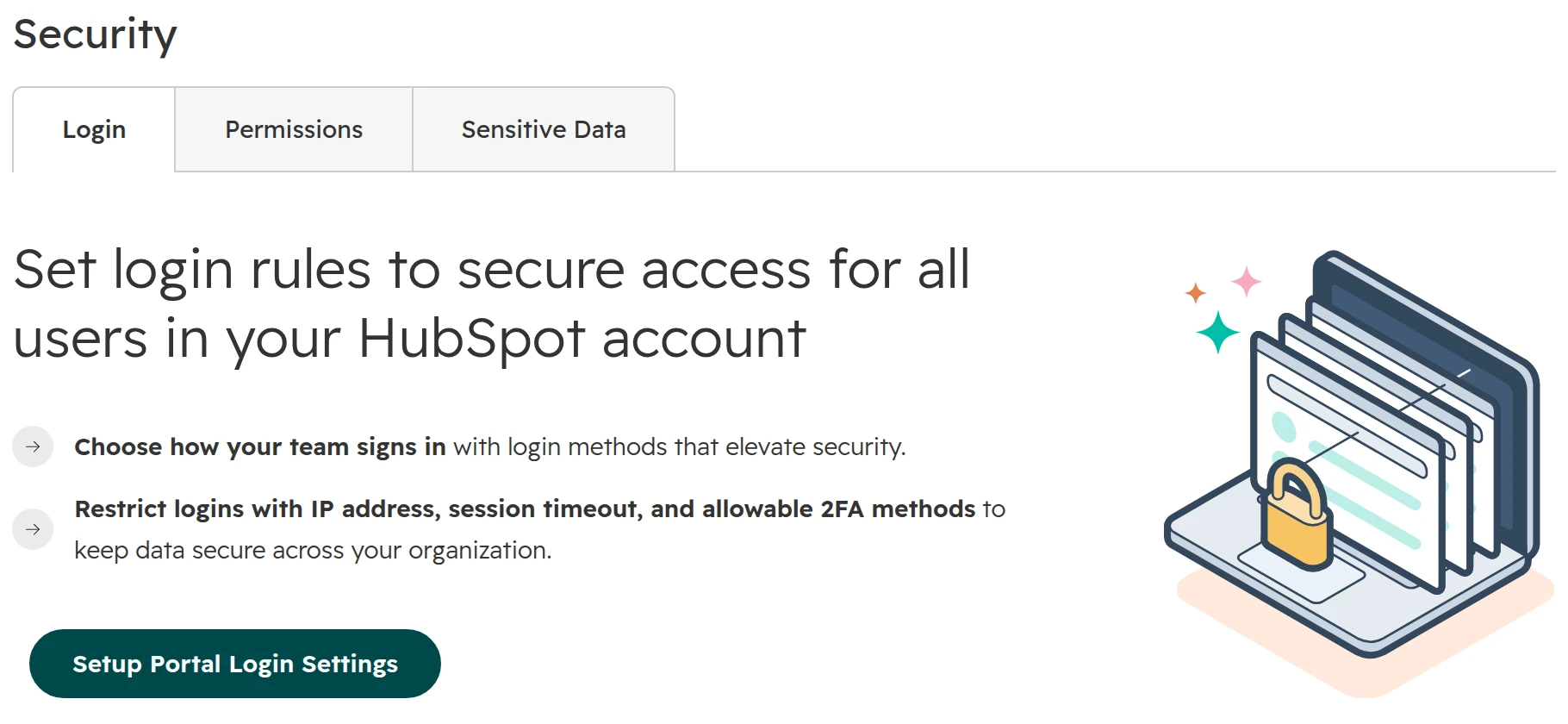 HubSpot, Settings > Security, tab Login: set login rules for all users, with the button Setup Portal Login Settings