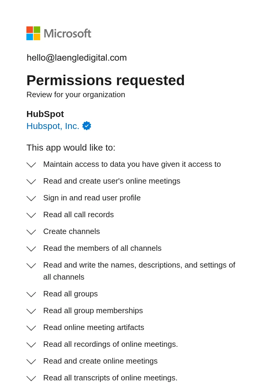 Microsoft sign-in, Permissions requested, Review for your organization: HubSpot asks to read call records, online meeting recordings and transcripts, channel members and more