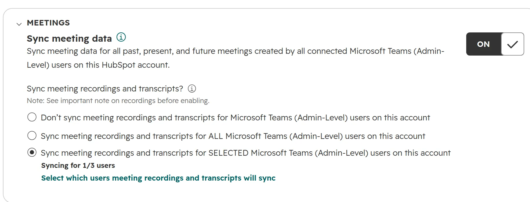 HubSpot, Microsoft Teams settings, Meetings: Sync meeting data on, recordings and transcripts synced for selected users, 1 of 3 users
