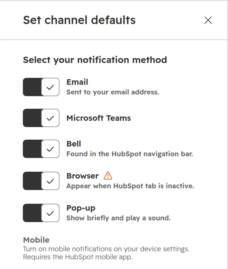 HubSpot, Set channel defaults: switches for Email, Microsoft Teams, Bell, Browser and Pop-up, all on