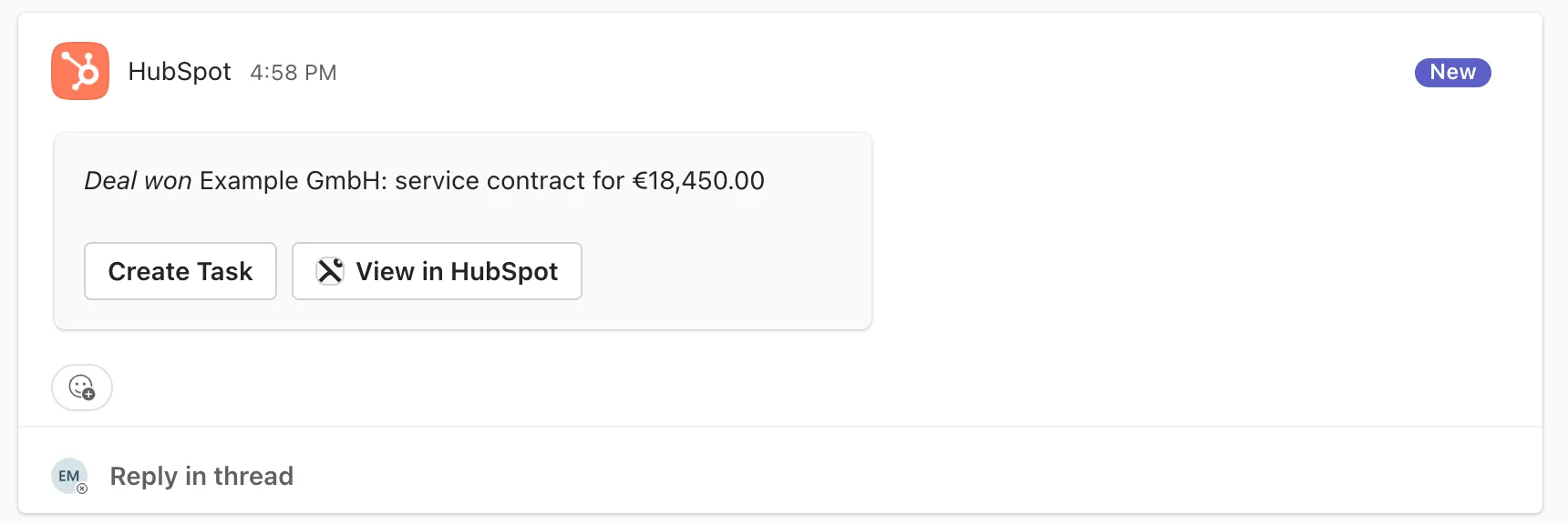 Microsoft Teams channel Won deals: a post from HubSpot reading Deal won Example GmbH: service contract for €18,450.00, with the buttons Create Task and View in HubSpot