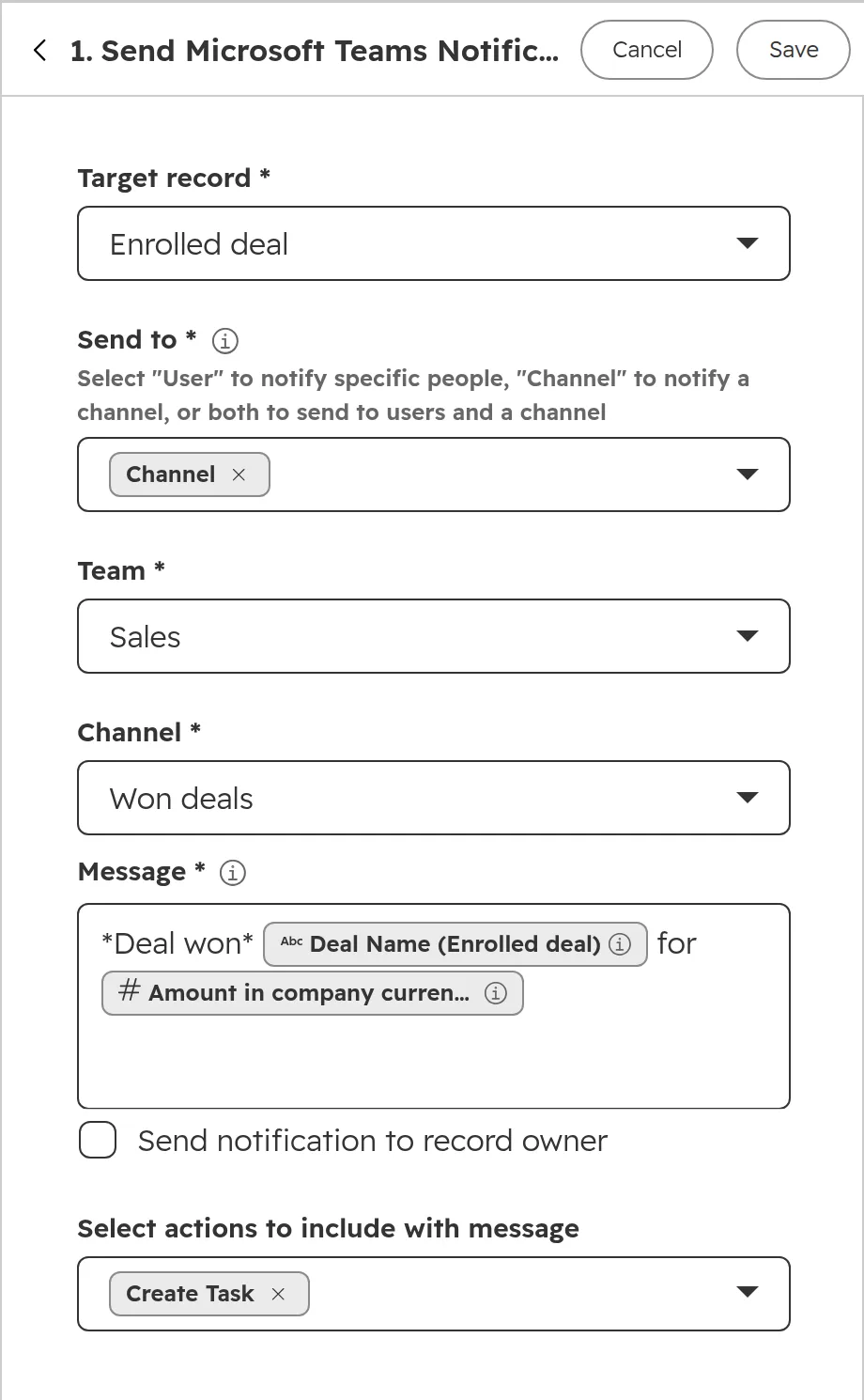 HubSpot workflow action Send Microsoft Teams Notifications: send to Channel, team Sales, channel Won deals, message Deal won with the deal name and amount, action button Create Task
