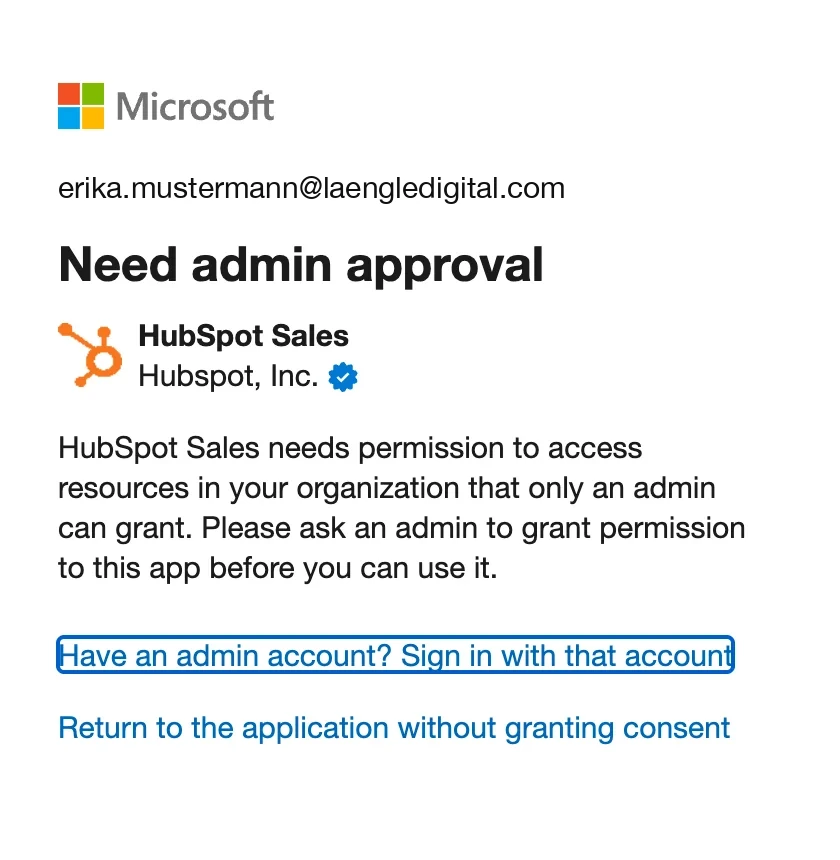 Microsoft sign-in page: Need admin approval for the app HubSpot Sales by Hubspot, Inc.