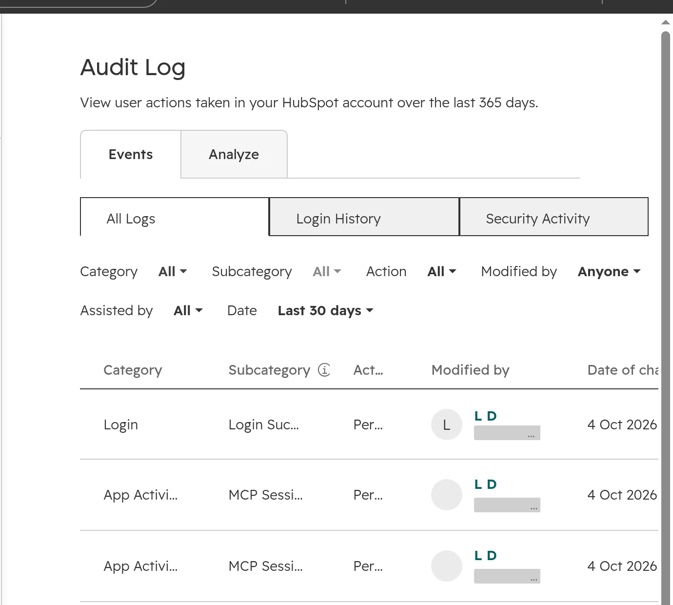 HubSpot Settings, Audit Log: tabs Events and Analyze, views All Logs, Login History and Security Activity, and a table of recent changes with category, subcategory, action and modified by