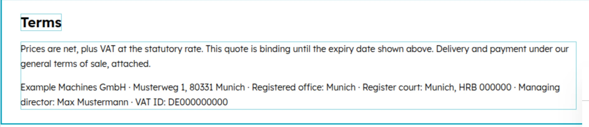 HubSpot quote template, Terms section: prices are net plus VAT, the quote is binding until the expiry date, general terms of sale attached, and the seller’s firm name, address, registered office, register court and number, managing director and VAT ID