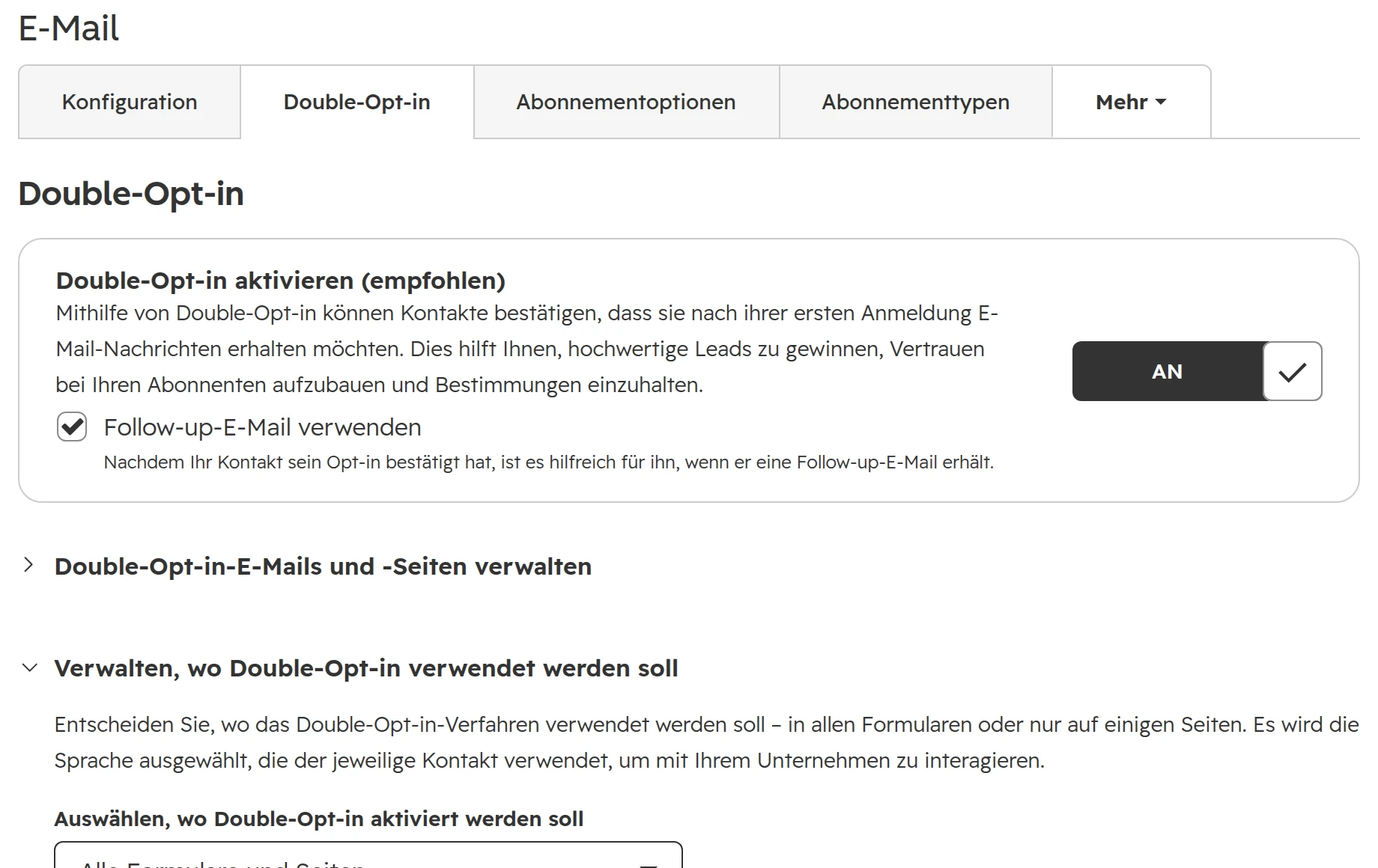 HubSpot, Registerkarte Double-Opt-in: Double-Opt-in aktivieren (empfohlen) an, Follow-up-E-Mail verwenden angehakt, Auswählen, wo Double-Opt-in aktiviert werden soll: Alle Formulare und Seiten