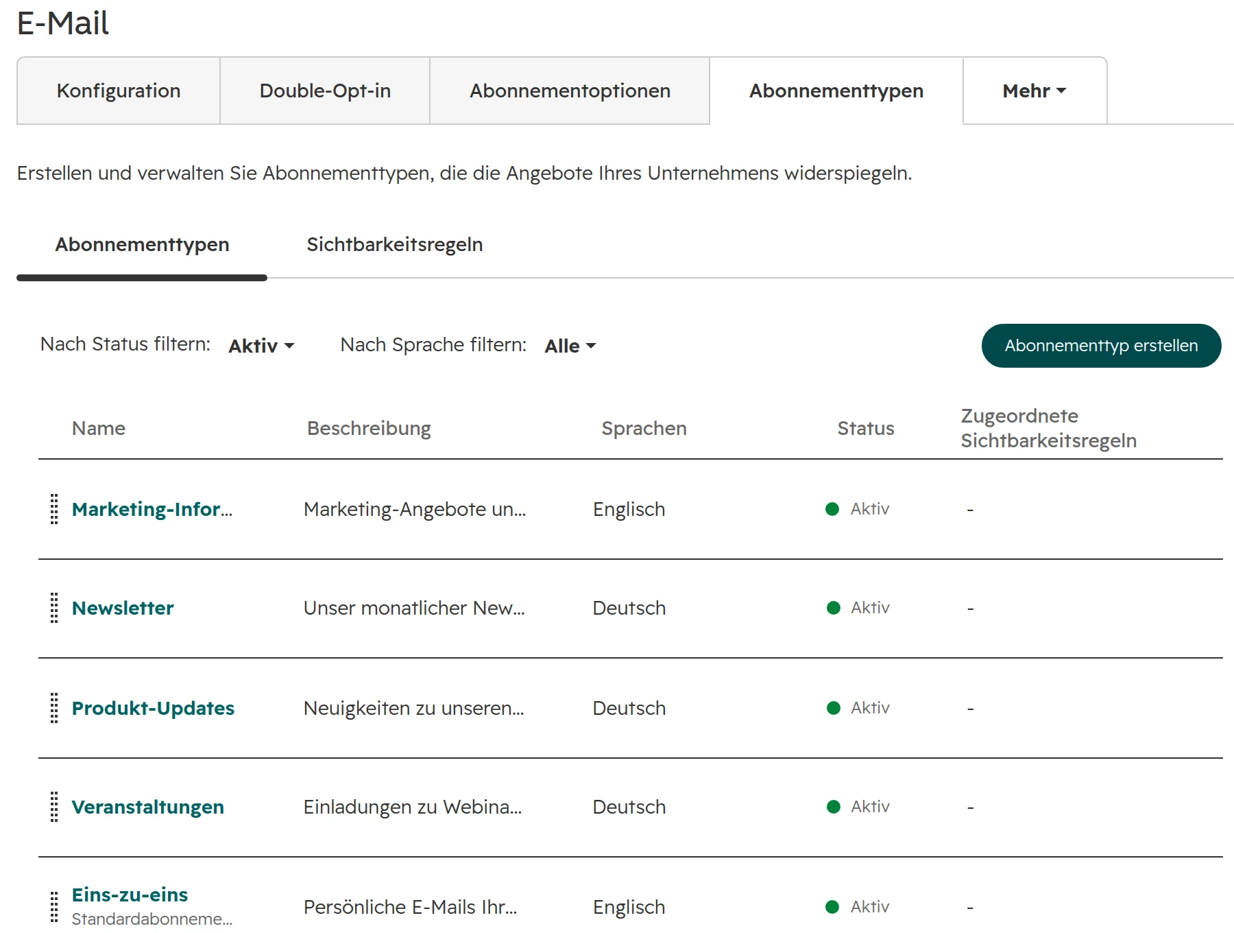HubSpot, E-Mail-Einstellungen, Registerkarte Abonnementtypen: Marketing-Informationen, Newsletter, Produkt-Updates, Veranstaltungen und Eins-zu-eins, alle aktiv