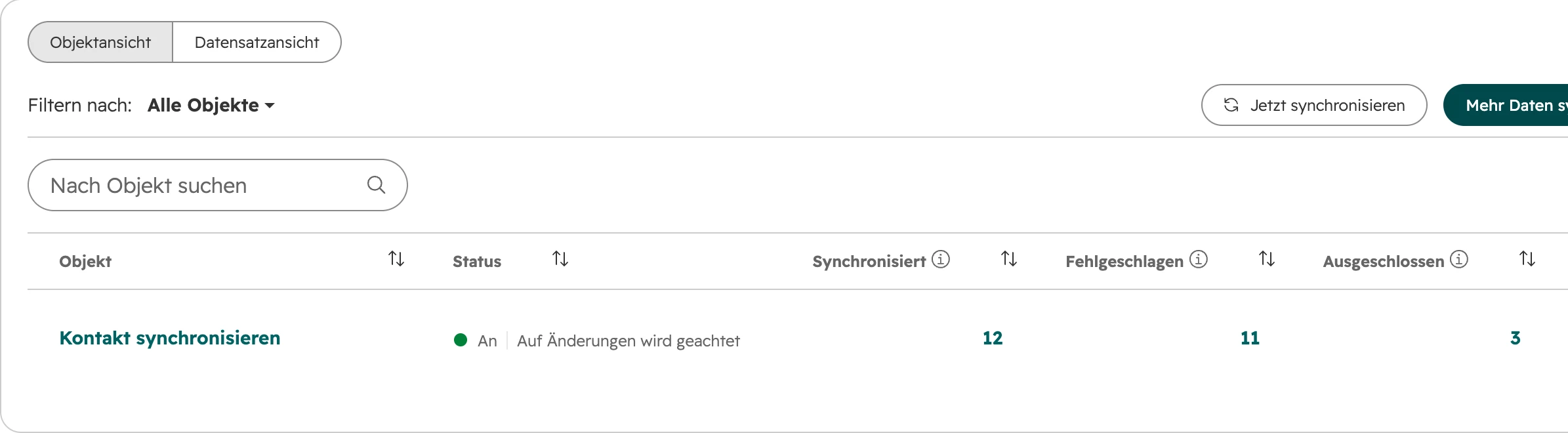 Registerkarte CRM-Synchronisierungen, Objektansicht: Kontakt synchronisieren, Status An, auf Änderungen wird geachtet, 12 synchronisiert, 11 fehlgeschlagen, 3 ausgeschlossen