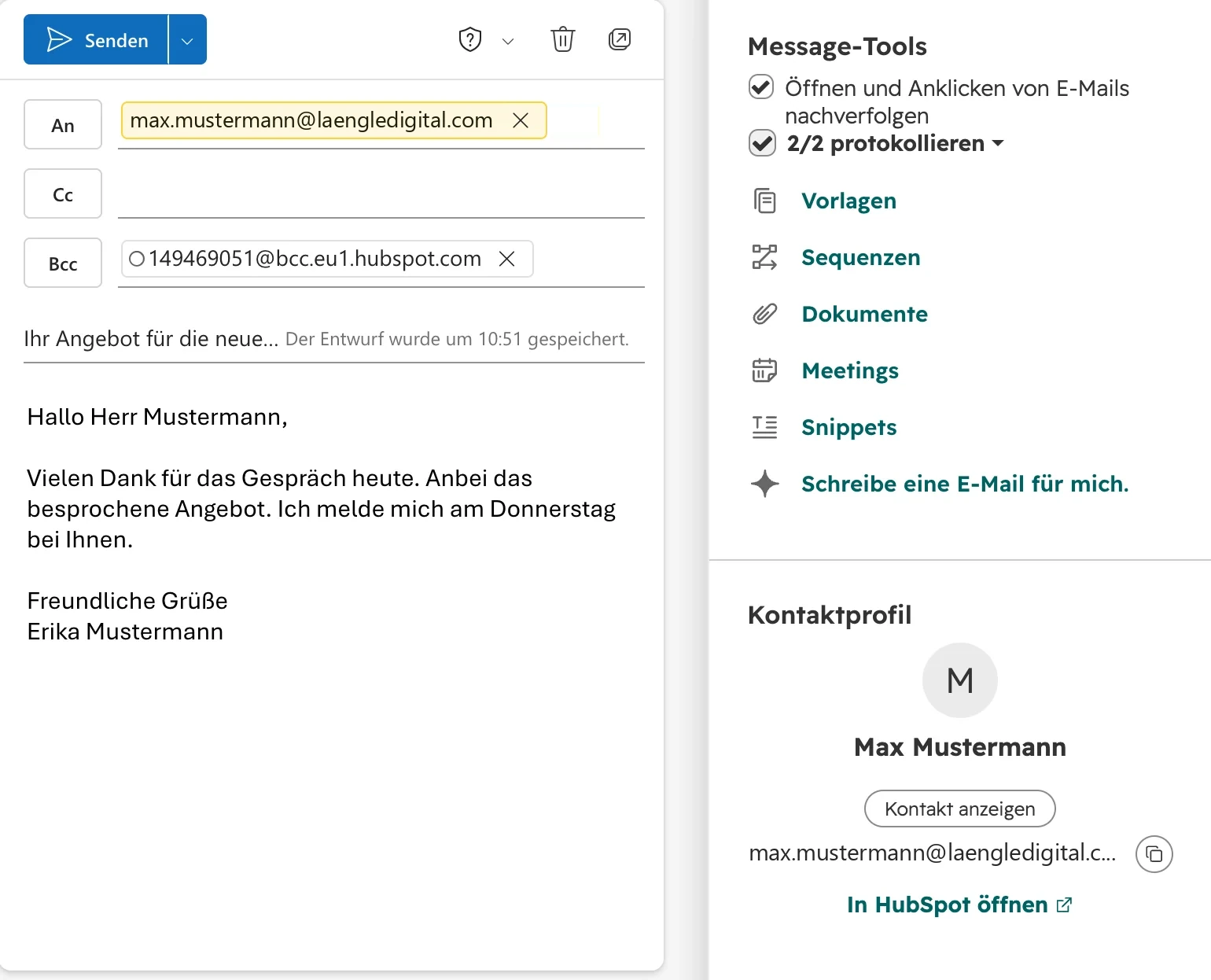 Outlook, neue E-Mail an Max Mustermann mit dem Bereich HubSpot Sales: Öffnen und Anklicken von E-Mails nachverfolgen und Protokollieren angehakt, die BCC-Adresse von HubSpot eingesetzt, darunter das Kontaktprofil