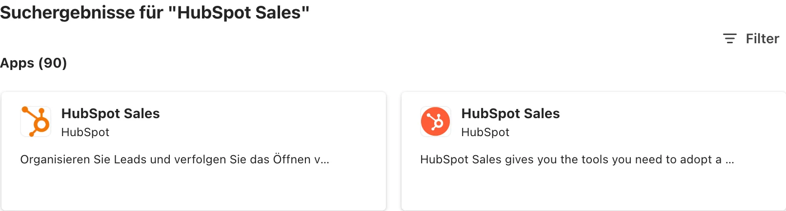 Add-in-Store von Outlook, Suchergebnisse für HubSpot Sales