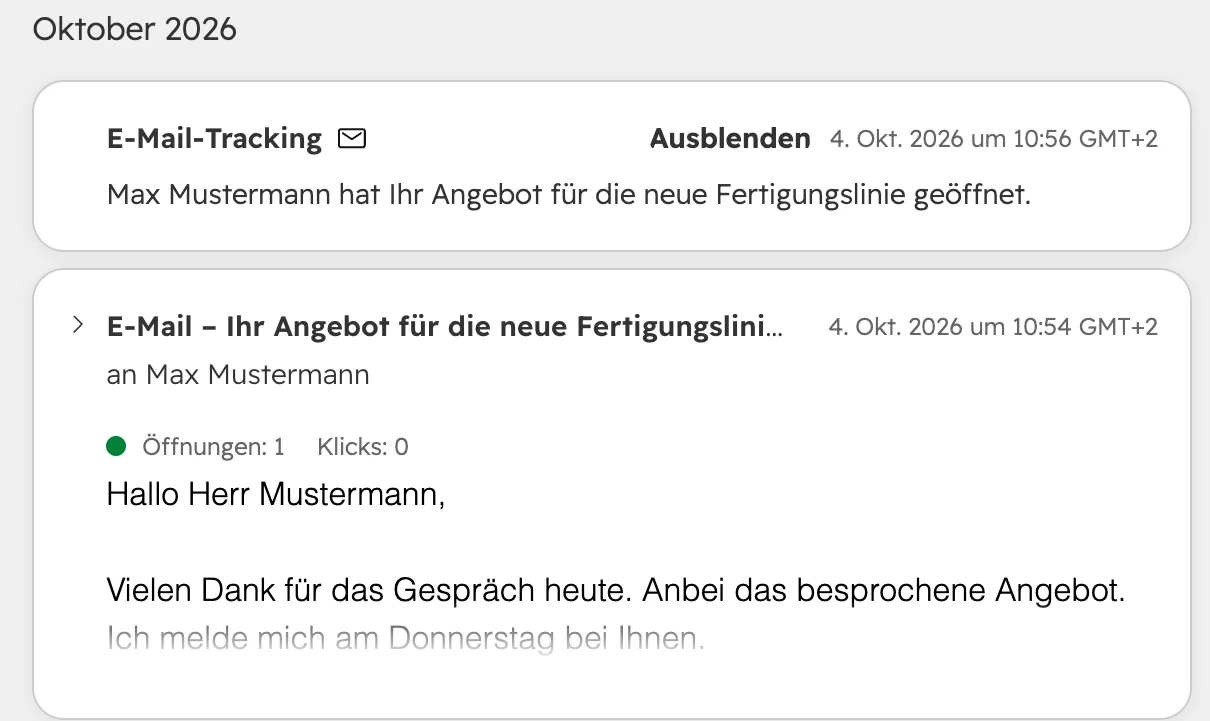 HubSpot-Kontaktdatensatz von Max Mustermann: die protokollierte E-Mail Ihr Angebot für die neue Fertigungslinie mit einer Öffnung, darüber das Tracking-Ereignis