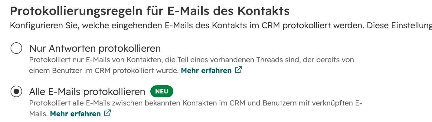 HubSpot-Einstellungen, Protokollierungsregeln für E-Mails des Kontakts: Nur Antworten protokollieren, und Alle E-Mails protokollieren ausgewählt