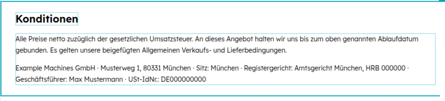 HubSpot-Angebotsvorlage, Abschnitt Konditionen: Preise netto zuzüglich Umsatzsteuer, Angebot bindend bis zum Ablaufdatum, Allgemeine Verkaufs- und Lieferbedingungen beigefügt, dazu Firma, Anschrift, Sitz, Registergericht und HRB-Nummer, Geschäftsführer und USt-IdNr. des Verkäufers