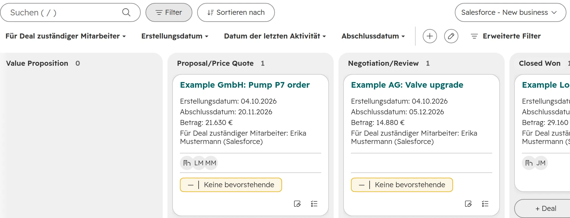 HubSpot-Dealboard, Pipeline Salesforce - New business: Example GmbH Pump P7 order in Proposal/Price Quote, Example AG Valve upgrade in Negotiation/Review, zuständige Mitarbeiterin Erika Mustermann (Salesforce)